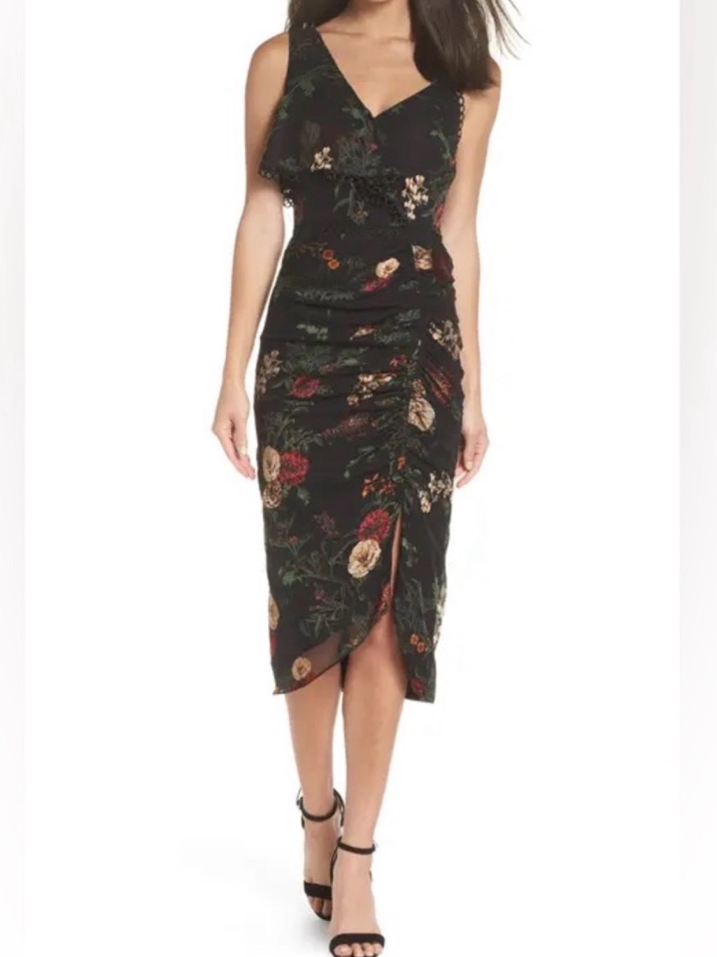 Nordstrom Black Floral Ruched Midi Dress